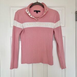 Tommy Hilfiger Ribbed Logo Sweater in Pink with White Stripe Size L
